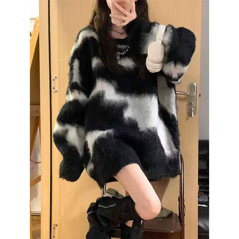 レディース 秋冬 ニットセーター 中長丈 厚手 ゆったり 大サイズ 丸首 トップス コントラストカラー 柔らかい 編み フィット カジュアル|リバーパディ
