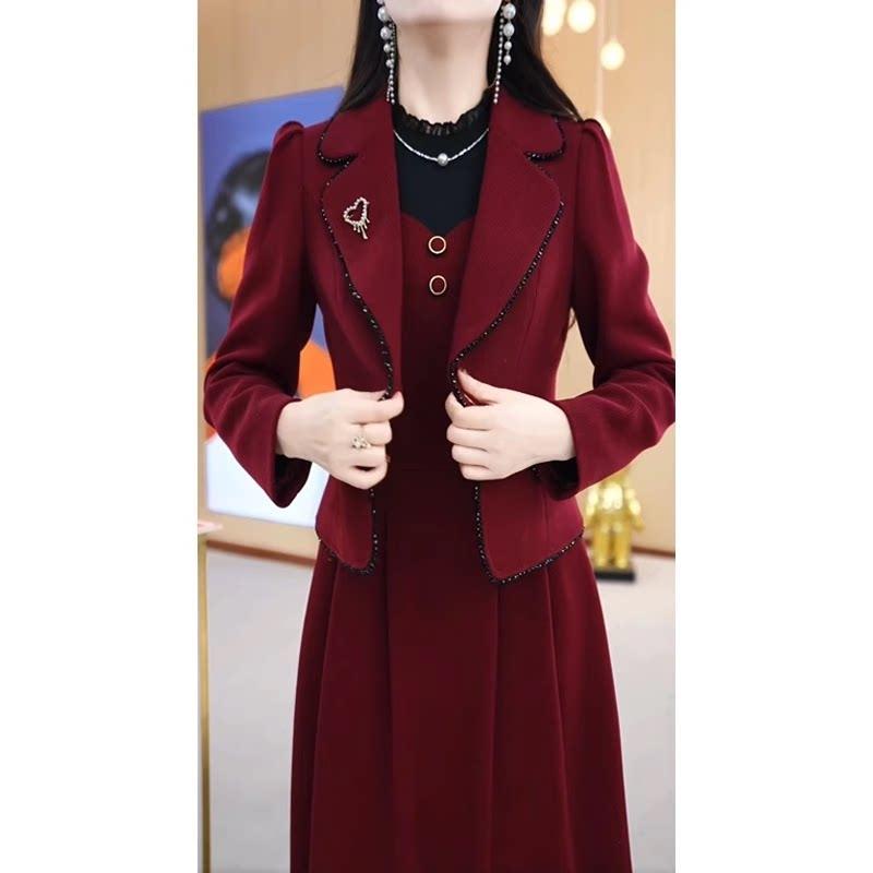 秋冬 レディース ウール ワンピース 結婚式 礼服 2点セット ママ フォーマル ドレス セットアップ ミセス 披露宴 装い 暖か素材 膝丈 ロング丈
