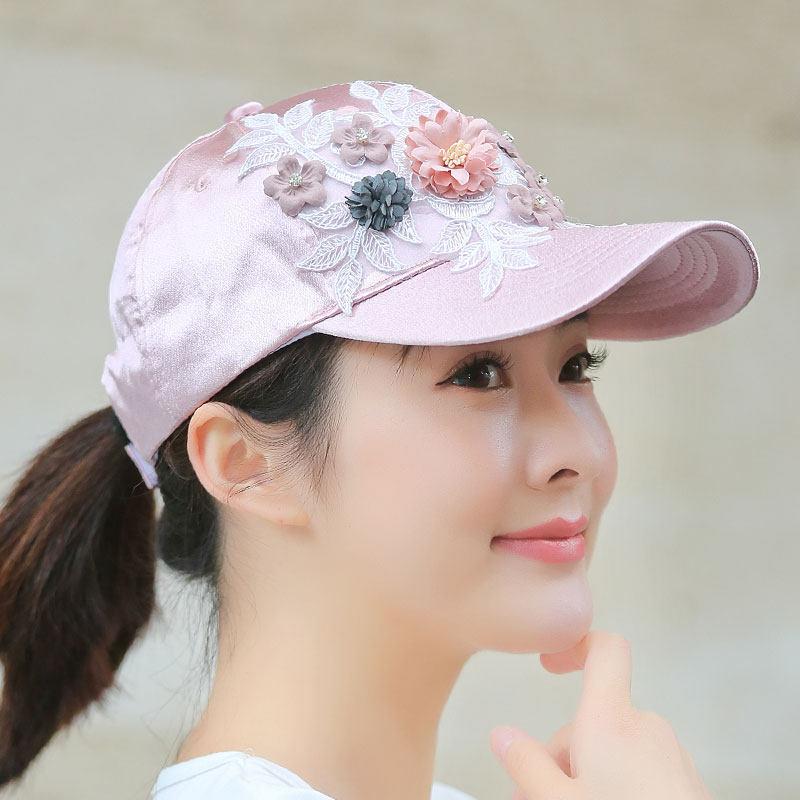 レディース ベースボールキャップ かわいい 韓国 レース ラインストーン 立体フラワー 鴨舌 UVカット 日よけ サテン素材 夏用 軽量 通勤 普段使い