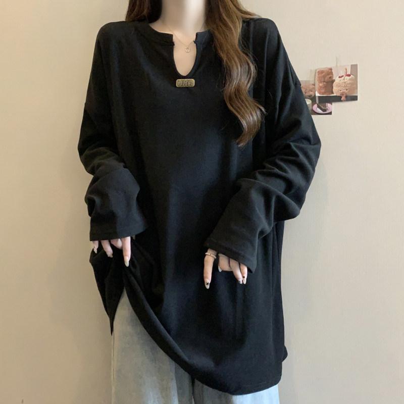 Tシャツ レディース ゆったり Vネック 中長丈 お尻隠し ぽっちゃり スリム見せ 肉隠し 長袖 インナー トップス 普段使い 伸縮性 柔らかい素材