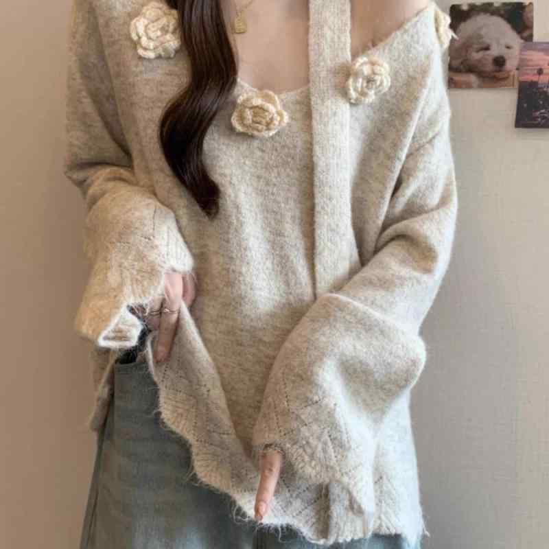 ニットセーター レディース 秋冬 高級感 ハルターネック 立体花柄 Vネック 肩出し ミドル丈 ビッグサイズ ゆったり ぽっちゃり対応 暖か 上品