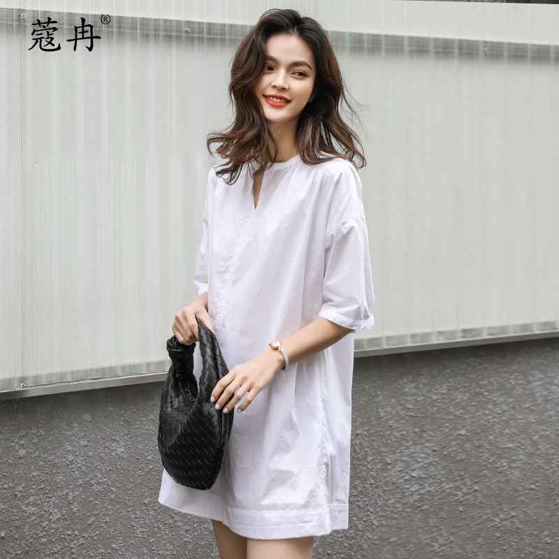 衣裳 レディース 綿 中袖 中長丈 ゆったり 心地よい 小Vのど首 今めかしい 自己同一性的 夏用 吸湿速乾 軽さ 通い 普段使い