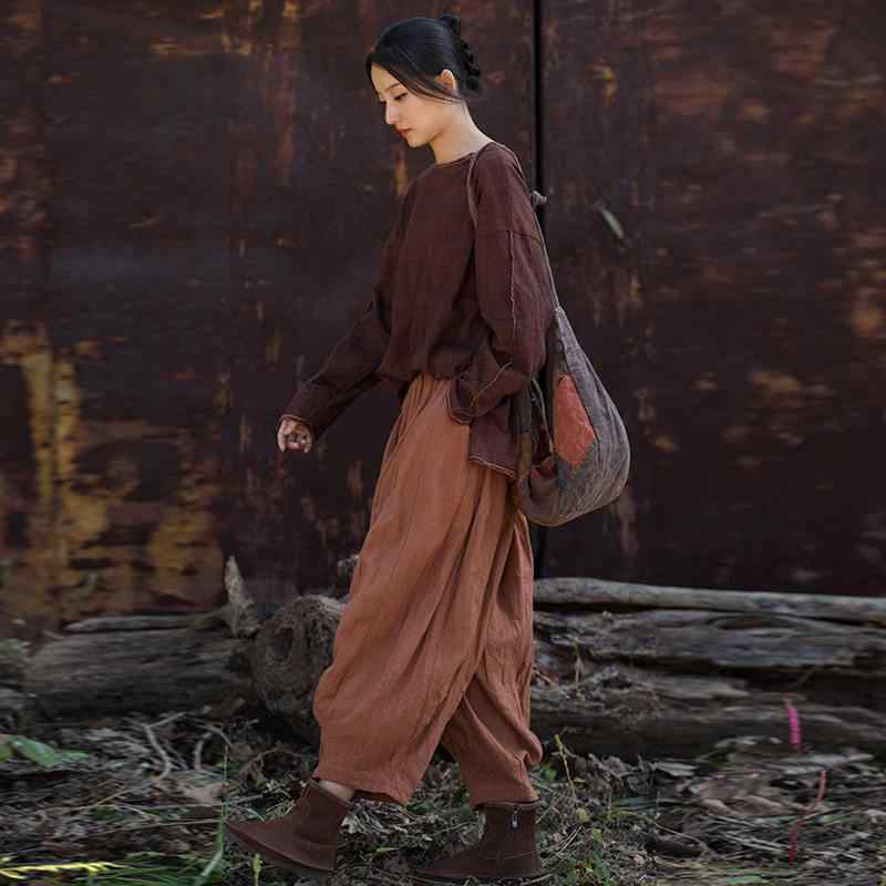 トップス 女性用 綿麻素材 ゆったり 大きめ ヴィンテージ風 色落ち加工 アーティスティック 性 スリム見せ 合わせやすい カジュアル 日常使い 通気性 軽量