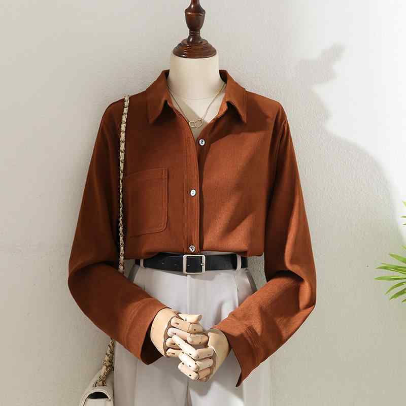 シャツ レディース 秋冬 長袖 襟付き 高級感 起毛 暖か ストレート シルエット 片ポケット レイヤード トップス ブラウス 通勤 普段使い ソフトタッチ オフィス