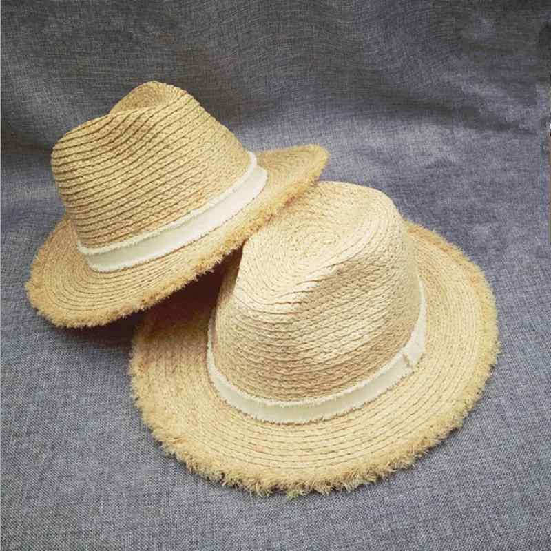 麦わら帽子 パナマハット ラフィア素材 フリンジ縁 男女 夏用 日よけ ビーチハット 通気性 軽量 ナチュラルカラー UV対策 折りたたみ可能