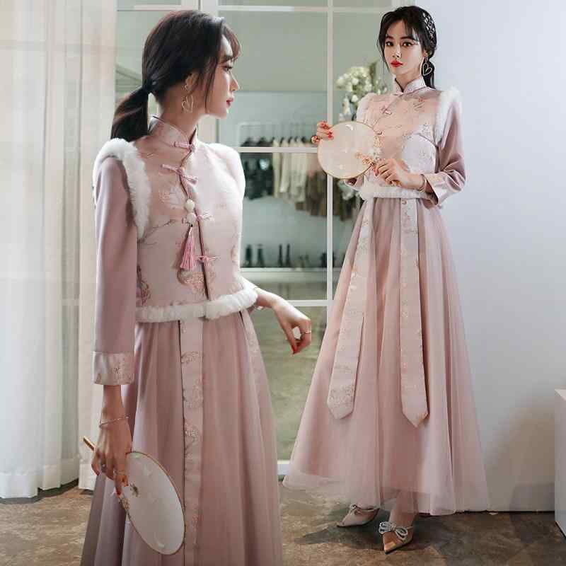 冬 レディース チャイナドレス 中国風 唐装 ブライズメイド 姉妹団 礼服 結婚式 フォーマル ロングドレス 刺繍 エレガント スタイルワンピーススーツ