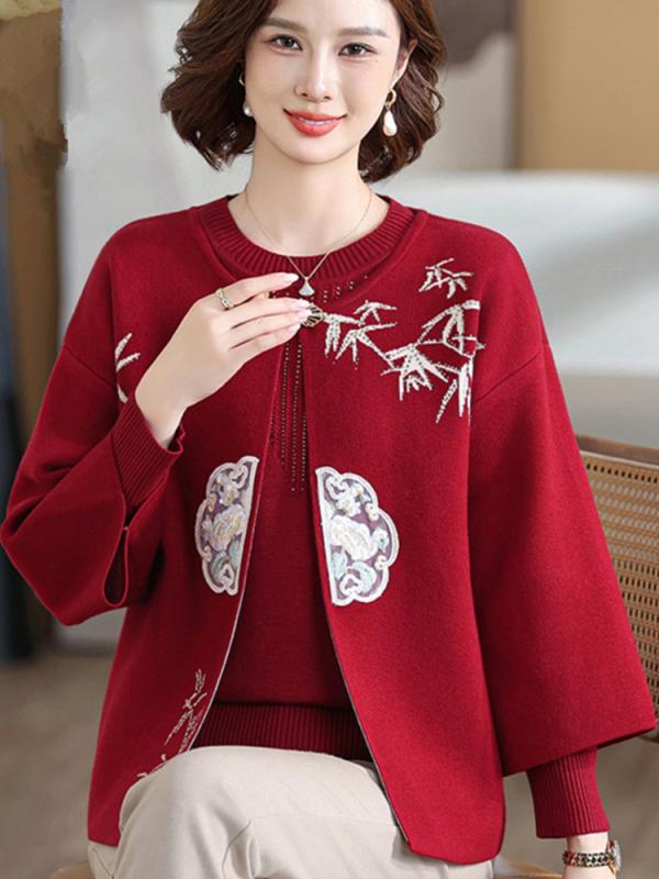 ニットトップス レディース 中年女性用 春秋 結婚式 礼服 2ピースセット スタイリッシュ フォーマル パーティー用 軽量 伸縮性 綿混 ベージュ系 ピンク系