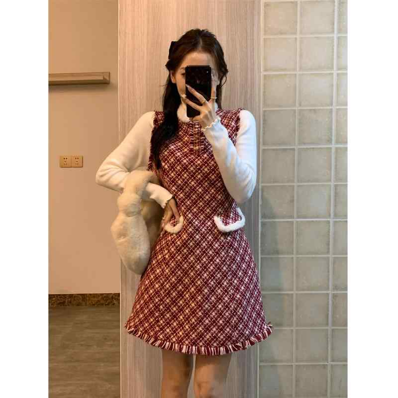 レディース ワンピース 赤 チェック柄 ノースリーブ 冬 パーティー 誕生日 クリスマス 新年 礼服 セット かわいい 雰囲気 軽量 伸縮性