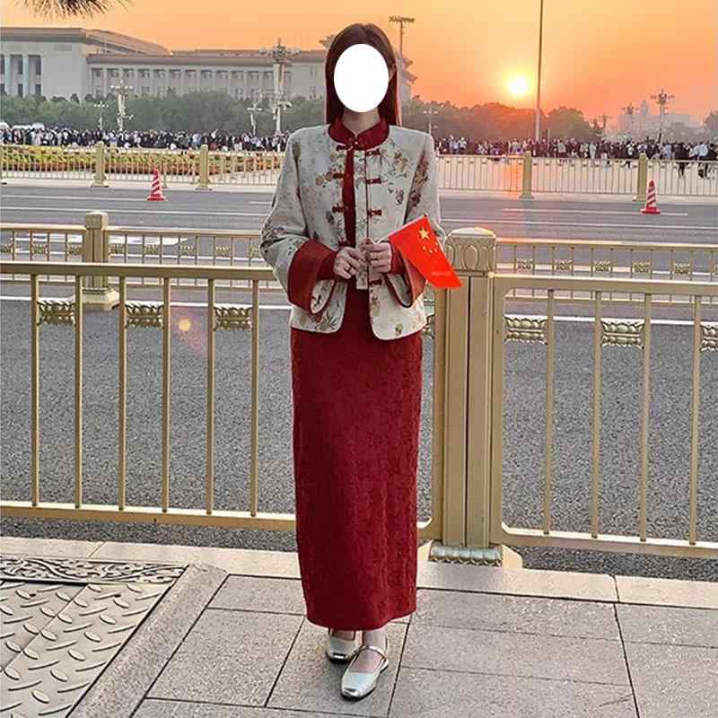 チャイナドレス レディース 秋冬 ワンピース セット 赤 日常着 結婚式用 祝賀会服 婚約礼服 切り替え 国風 モダンスタイル
