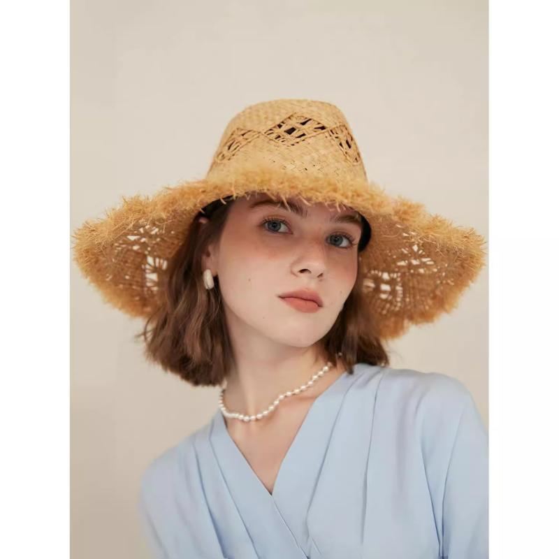 麦わら帽子 レディース パナマハット 夏 ワイドブリム 手編み ラフィア クロシェ 通気性 UVカット 日よけ アウトドア バカンス リゾート ビーチ 軽量 素材