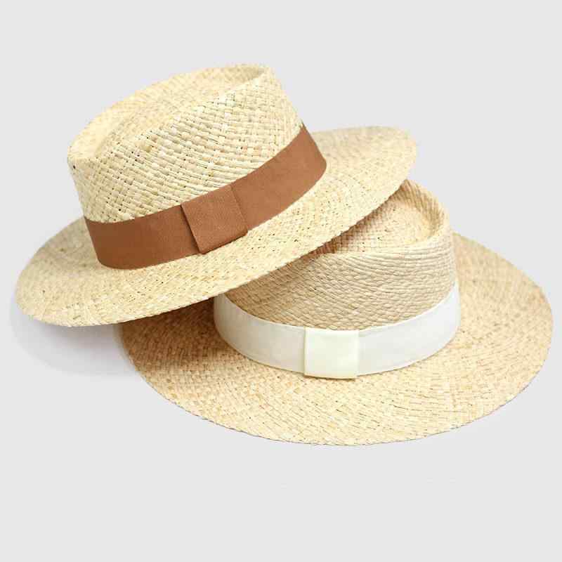 麦わら帽子 レディース 手編み ビーチハット 夏用 日よけ 広いリボン 凹頂 平頂 草編み 素材 旅行 外出 軽量 ストロー 遮紫外線