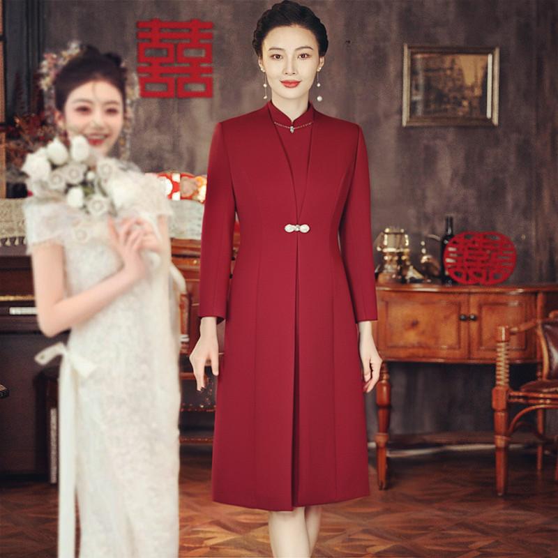 チャイナドレス 秋冬 レディース 中年女性用 婚礼 セット 高級感 礼服 コート フォーマル 暖かみ エレガント 切り替え ショール 付き｜リバーパディ