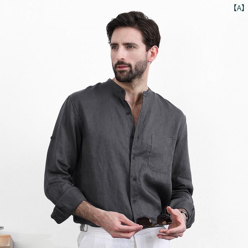 長袖シャツ メンズ 薄手 リネン ゆったり カジュアル 無地 スタンドカラー 春 通気性 軽量 日常使い 吸湿速乾 コットン混|リバーパディ