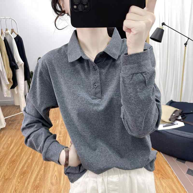 秋冬 コットン ゆったり ポロカラー 厚手 長袖 Tシャツ レディース 韓国 通勤 カジュアル トップス ワークスタイル