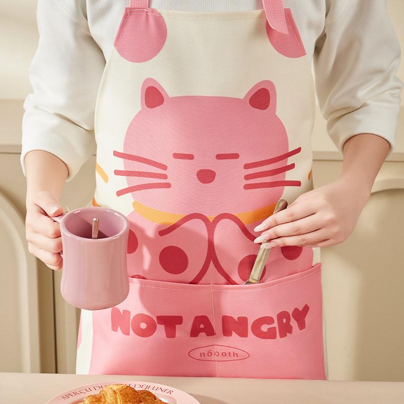 エプロン 女性用 猫柄 かわいい 防水 キッチン 調理用 ピンク ハーフ 家庭用 普段使い 軽量 伸縮性