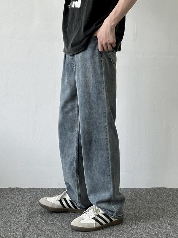 デニムパンツ メンズ ゆったり ストレート ブルー ウォッシュ加工 ビンテージ風 春秋 カジュアル 日常使い ロング丈 濃色 伸縮性｜リバーパディ