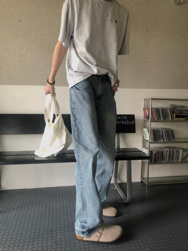デニムパンツ ブルー レトロ ウォッシュ 微フレア シルエット クリーン フィット ヴィンテージ 加工 サマー カジュアル 普段使い 軽量 伸縮性 デニム素材