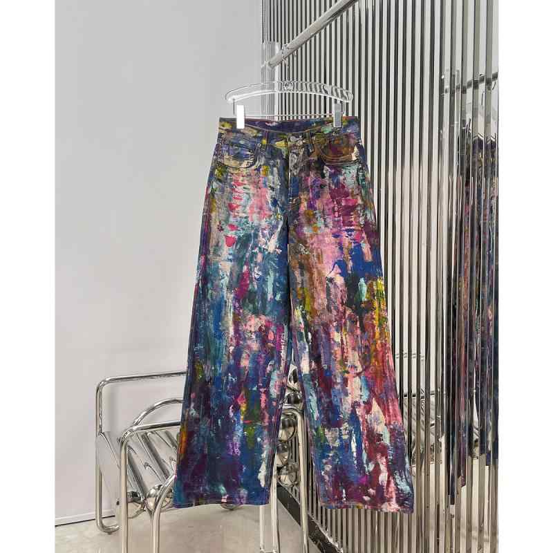 デニムパンツ カラフル スプラッシュ 染め アート風 レトロ ロング ズボン ゆったり シルエット ストレッチ 素材 普段使い 通勤 コーデ ビッグシルエット ユニセックス|リバーパディ