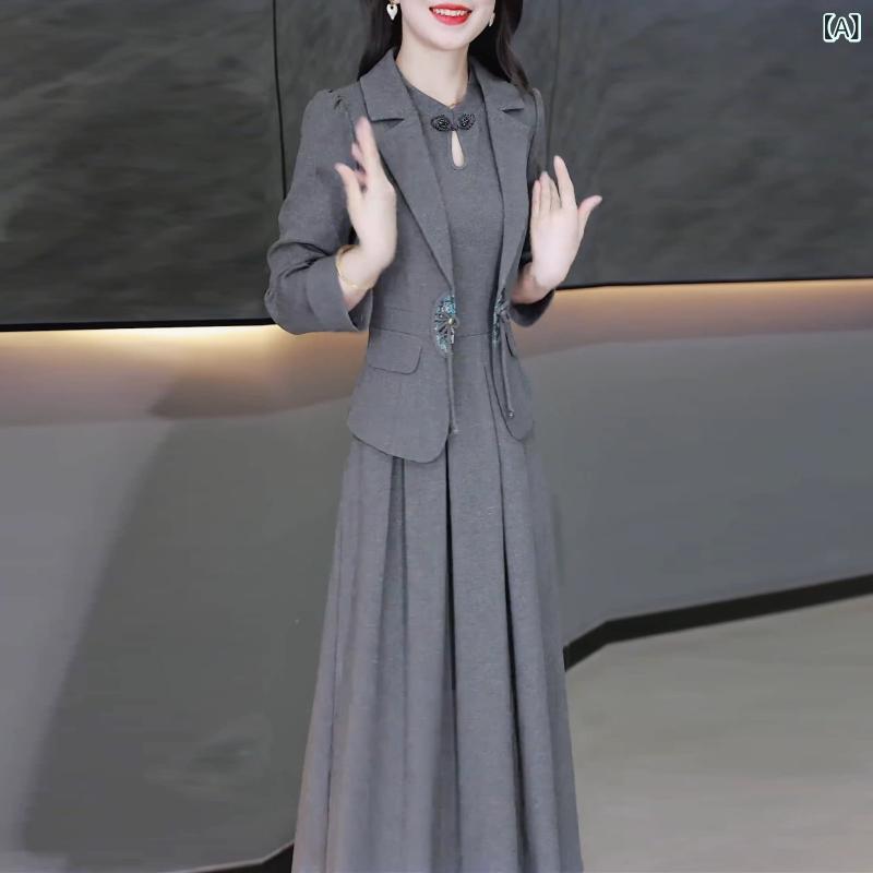 マタニティ レディース チャイナ風 2点セット 小ジャケット ベスト スカート ゆったりシルエット 春秋 普段使い 快適素材｜リバーパディ