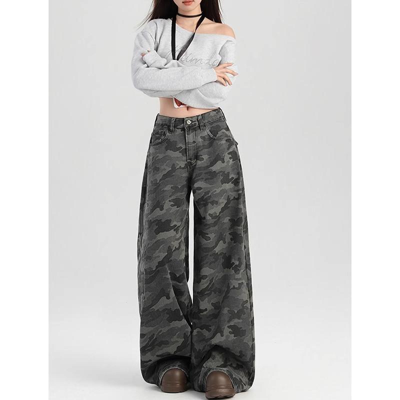 レディース パンツ ハイウエスト ワイドレッグ カーゴパンツ レトロ 迷彩 ビッグサイズ フィット スリム効果 ヒップカバー 梨型体型対応 カジュアル 普段使い ゆったりシルエット