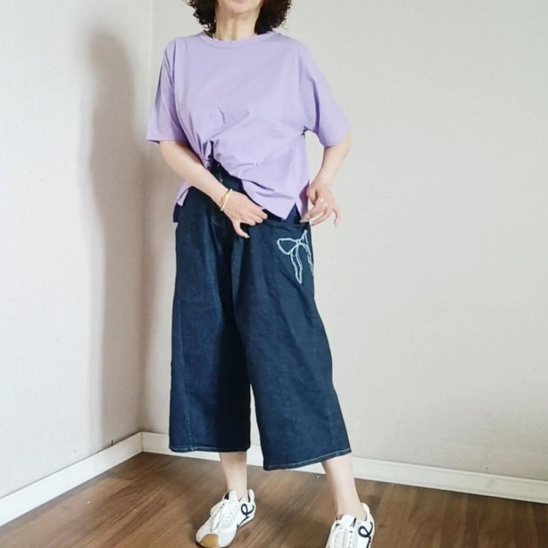 レディース ワイドレッグ ジーンズズボン下 夏用 薄っぺら 伸縮性 ゆったり クロップド丈 シュロの葉 飾りつけ 付き添い人 填まる 軽さ 吸湿速乾 ジーンズ原料品 青色系 心地よい 普段使い