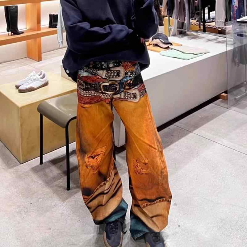 メンズ ロングデニムパンツ 3D刷り上げる カーブドシルエット マルチ三尺帯 花柄刷り上げる 不都合工業 幻術成り行き 心地よい 普段使い走り 伸ばすこと原料品