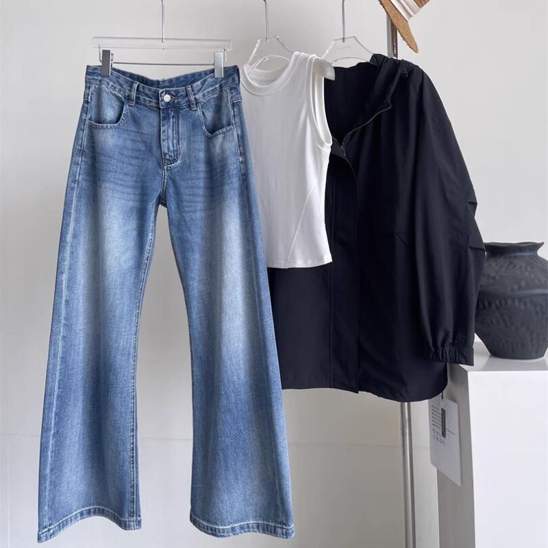 ワイドパンツ 低腰 デニム ウォッシュ加工 高級感 弧形ライン ストレッチ 軽量 カジュアル 普段使い 膝下丈 スリムフィット