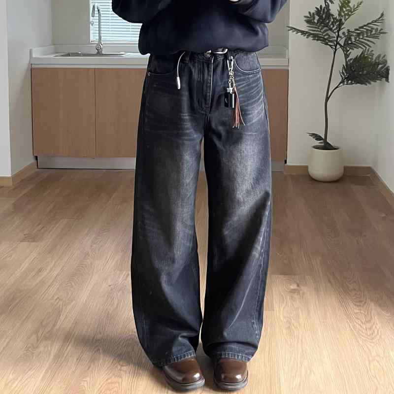 ジーンズズボン下 黒いこと レトロ 広広とした引っ切りない  ゆったり 心地よい ジーンズ原料品 ストレートレッグ 普段使い走り ビンテージ風