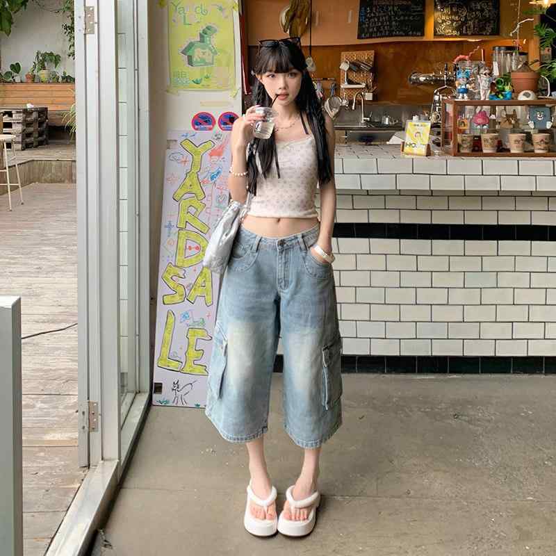 レディース ジーンズズボン下 夏用 点火装置青碧 引っ切りない 7分丈 ゆったり 伸び伸びする相応う マルチ隠し カーゴパンツ レトロ アメリカン表現スタイル 普段使い走り 心地よい 座標し分かりやすい ジーンズ原料品 伸縮性 軽さ
