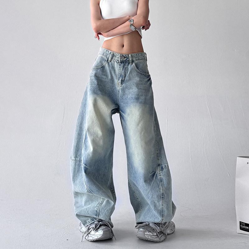 レディース ワイドレッグ デニムパンツ ライトブルー ウォッシュ加工 レトロ ヒップホップ ストリートスタイル ゆったり シルエット カジュアル 春秋 伸縮性 快適 普段使い