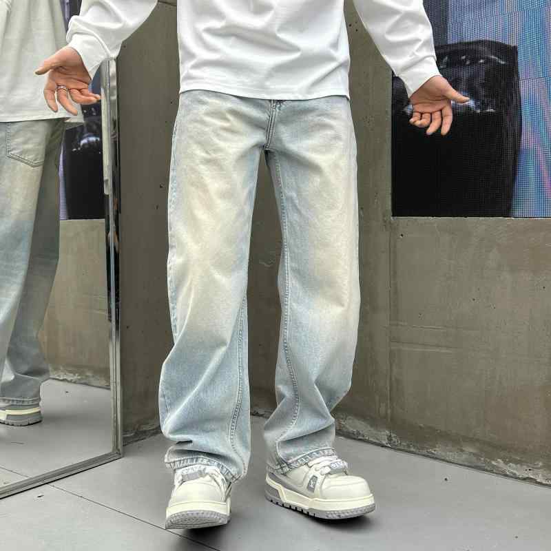 ジーンズ ストレート ヴィンテージ デニムパンツ アイスブルー ウォッシュ加工 古着風 カジュアル コットン素材 ライトブルー 普段使い 伸縮性｜リバーパディ