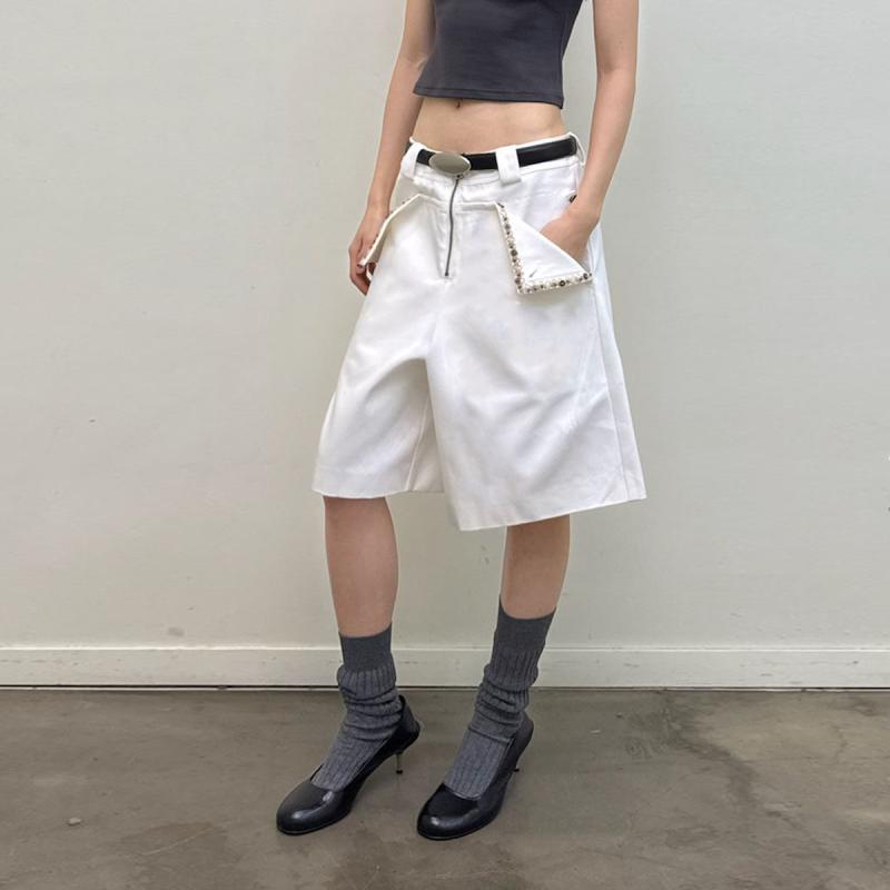 レディース デニムショーツ ビーズ織り帯 ワイドシルエット 伸縮性 夏用 カジュアル デニム素材 軽量 普段使い