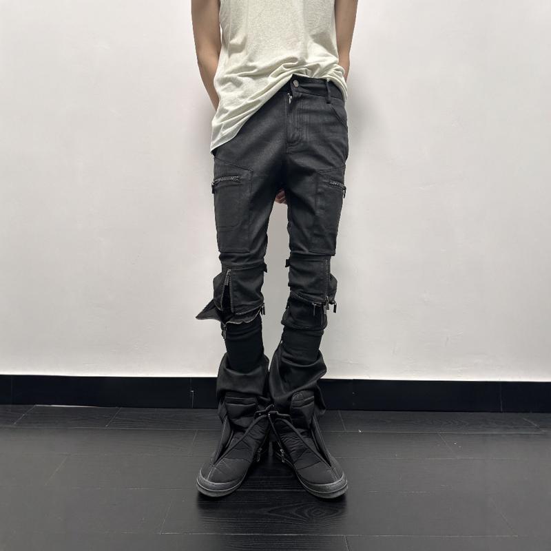デニムパンツ パンクスタイル ワックス加工 十字架モチーフ ジッパー 切り替え ストレートシルエット カジュアル ストリートファッション ヴィンテージ風 デニム素材 軽量 伸縮性
