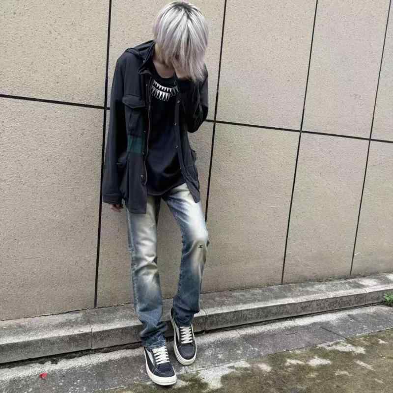 デニムパンツ レトロ ウォッシュ ジッパー ヴィンテージ スタイル カジュアル 普段使い コットン混 ストレッチ ブルー系 ユニセックス｜リバーパディ