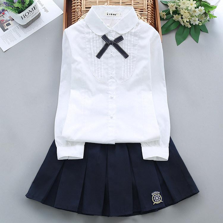 シャツ 女の子 小学生 白 長袖 綿 学院風 校服 セット 春秋 通学用 ホワイト トップス 綿素材 学校用