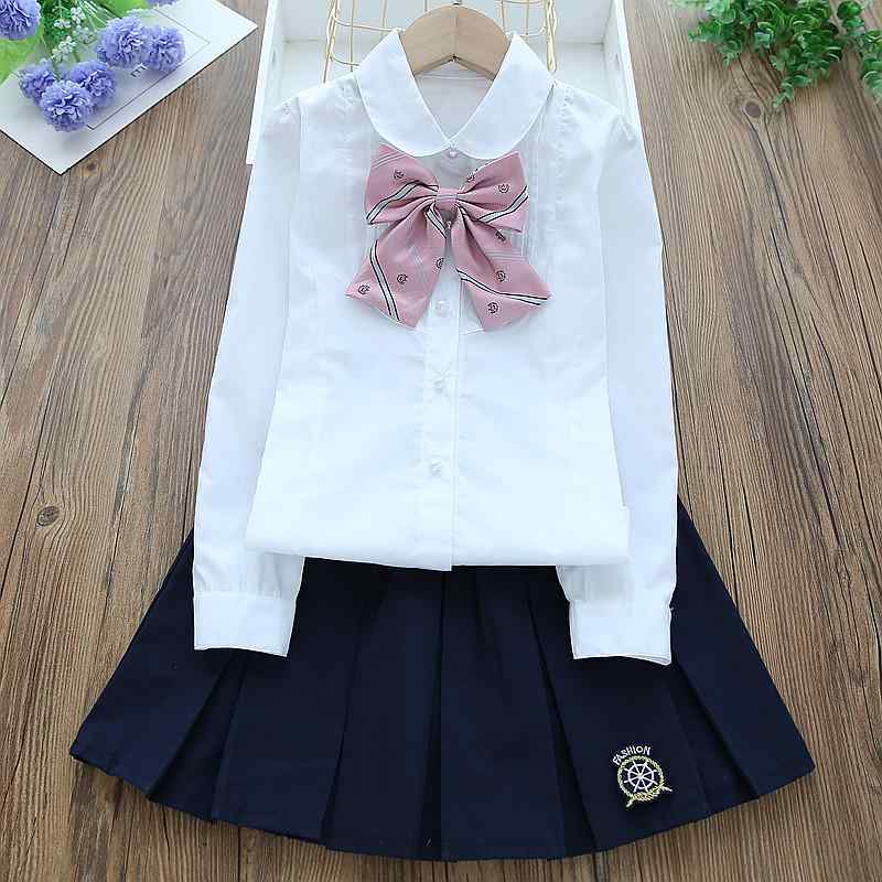 女の子 秋 長袖 セットアップ 綿 白 ブラウス 短スカート 小学生 制服 通学用 おしゃれ トップス スカート 組み合わせ 学校 コーデ