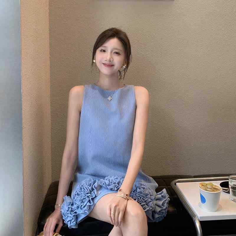 衣装 レディース A伝達ルート ノースリーブ 丸首 青み 立体御花 酉の方角目じるし 小っちゃい相応う ミニ丈 心地好い 女子らしい フレンチ表現スタイル 膝丈 軽さ 綿混