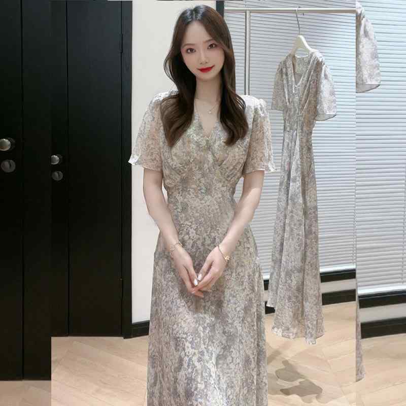 レディース ワンピース 小柄向け シフォン 花柄 夏用 高級感 洗練 フェミニン 軽量 通気性 フレアシルエット ピンク系 アイボリー|リバーパディ
