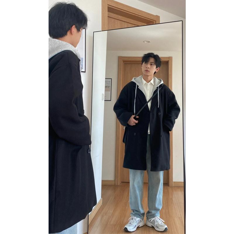 厚地の外套 メンズ 黒いこと ボンネット付き添い人 羊毛混 年月 韓国表現スタイル 向け 背広 御前上等感 アウター 軽さ 伸縮性 心地よい