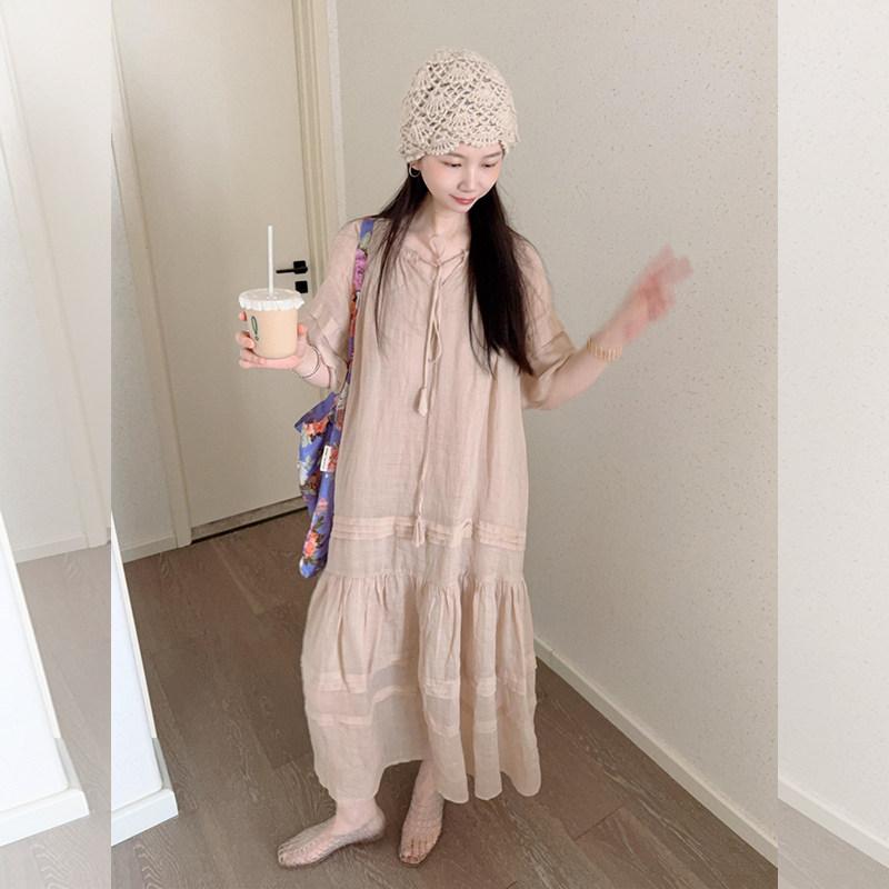 レディース 衣裳 夏 さくら色 リネン 綿織物 ゆったり ロング か細い見せかけ 土手っ腹取りまかなう 御前上等感 軽さ 吸湿速乾 ビッグ影ぼうし 普段使い