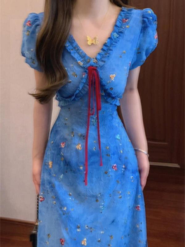 ワンピース レディース ブルー Vネック フラワープリント 夏 海辺 リゾート ウエストシェイプ ロングドレス 軽量 女性用 ビーチ バカンス 気品 上品 フレンチ カジュアル