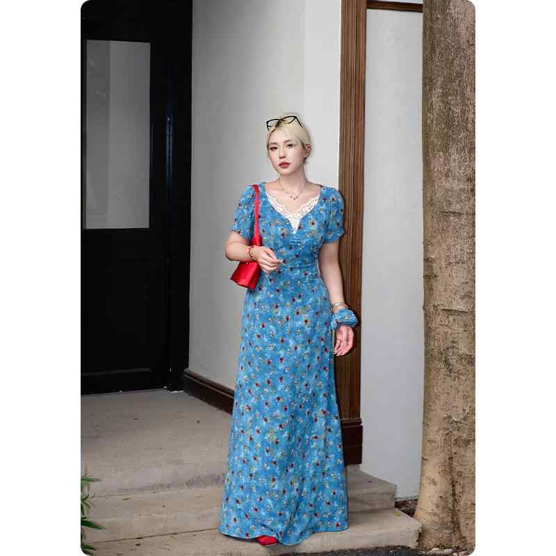 ワンピース レディース 夏用 花柄 Vネック ロング ゆったり リゾート風 プリント フラワー ビーチ 度假 軽やか シルエット 女性 ドレス ロングスカート トップス ボトムス 組み合わせ 日常使い