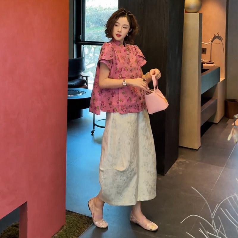 レディース 夏 ピンク ゆったり 花柄 ブラウス モダン 中国風 レトロ 高級感 スタイリッシュ ユニーク コーディネート 普段使い 軽量 綿素材 ビッグシルエット Vネック