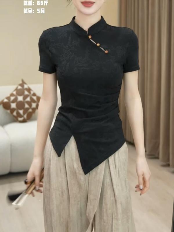 トップス レディース 半袖 夏 中華風 インナーTシャツ ゆったりサイズ 細見せ フィット スリット レトロ 軽量 吸湿速乾 普段使い