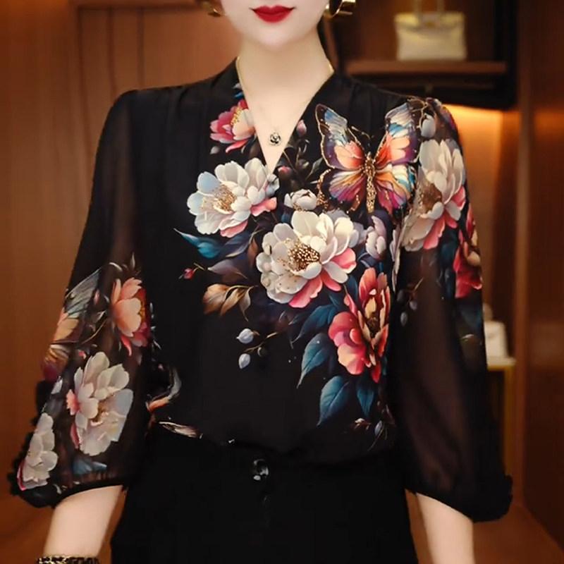 レディース シャツ 春 大きめサイズ ゆったり シルエット エスニック レトロ 花柄 プリント 長袖 Vネック トップス ブラウス 普段使い インナー レイヤード カジュアル スタイル