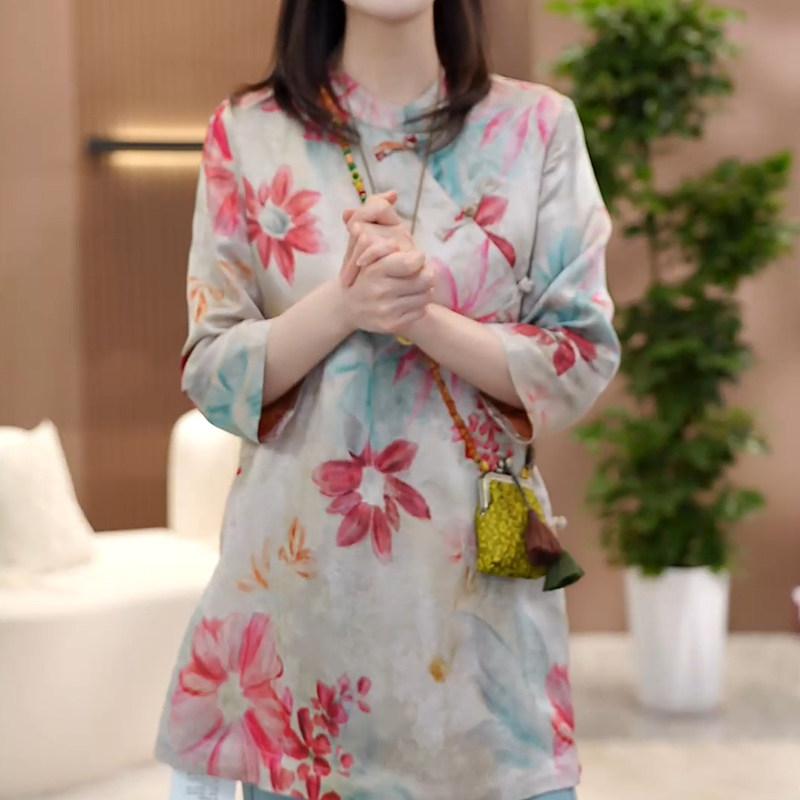 レディース シャツ 中国風 グレー 花柄 プリント 七分袖 ゆったり 大きめサイズ レトロ 夏用 トップス ブラウス 普段使い 軽量 コットン 混 綿素材 淡い エレガント スタイル｜リバーパディ
