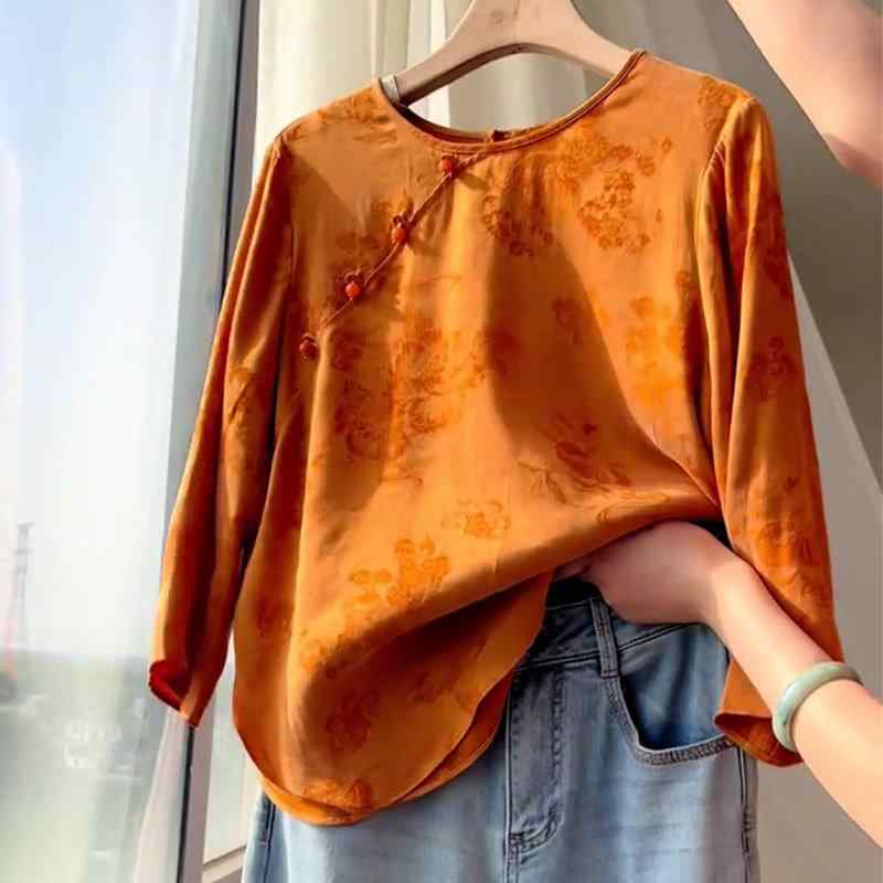 レディース 夏 提花 トップ 西洋カボチャ色つや レトロ 中国風 御前上等感 雅びやか トップス 織柄 口さかしい オレンジ色 オレンジ色系 吸湿速乾 通い用 普段使い