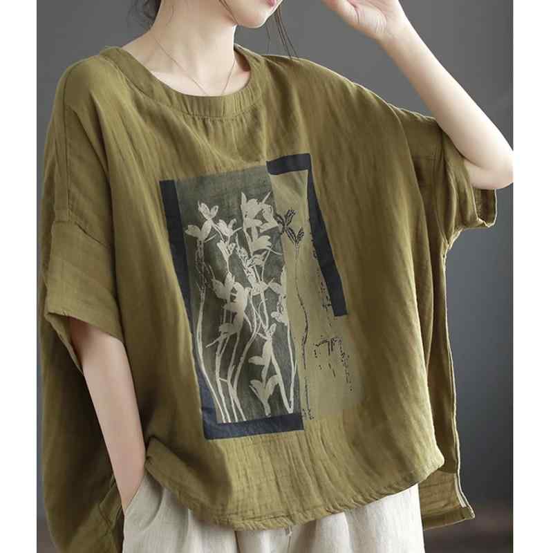 半袖 Tシャツ レディース 綿麻 花柄 プリント 夏 大きめ ゆったり レトロ カジュアル バットスリーブ トップス 日常使い 通気性 軽量 コットンリネン ビッグシルエット リラックスウェア