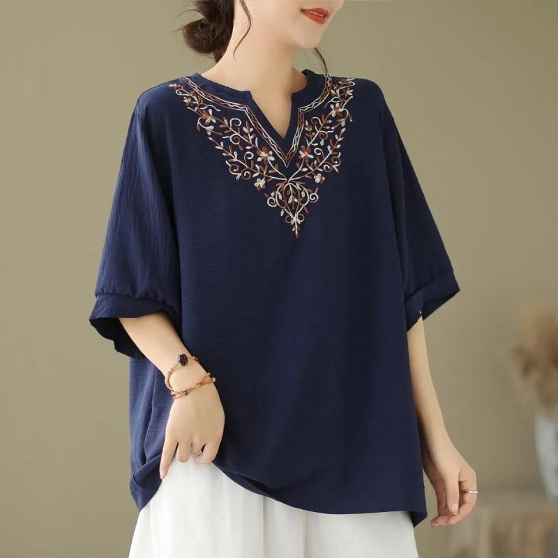Tシャツ レディース 短袖 レトロ 刺繍 Vネック 夏 カジュアル 薄手 トップス 普段使い 軽量 伸縮性