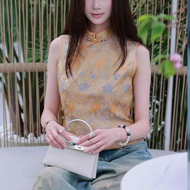 レディース 無袖 トップス 中国風 レトロ 立襟 織り柄 夏用 特殊 研ぎあげる 合わせ分かりやすい 普段使い走り 軽さ 伸縮性